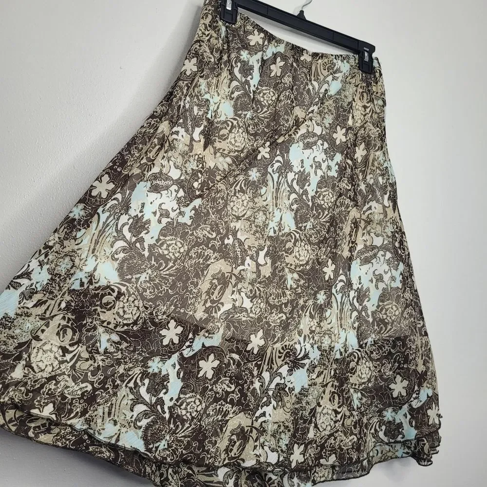 Notations blue brown grunge abstract floral print pull on a line knee skirt Med